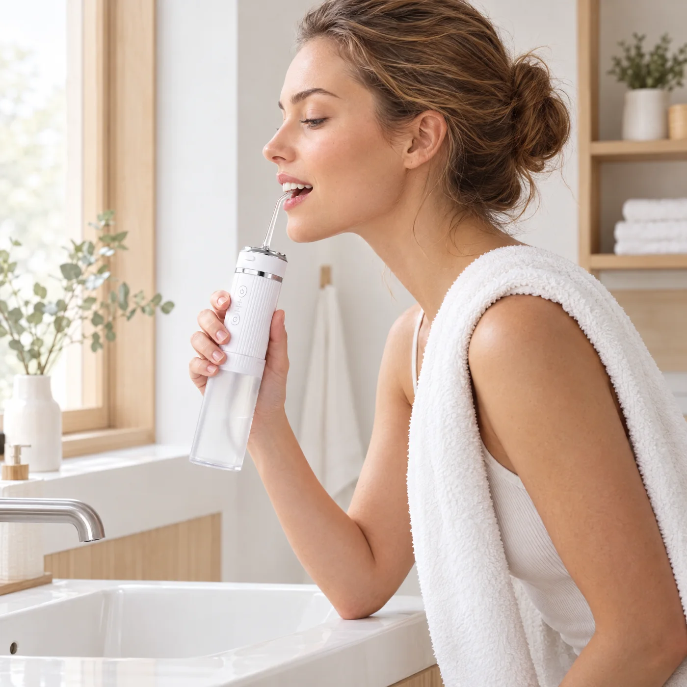 Waterflosser Pro används vid handfatet i badrummet (modell)
