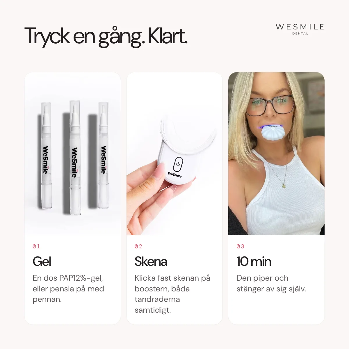 Ett tryck: gel, bettskena, tio minuter