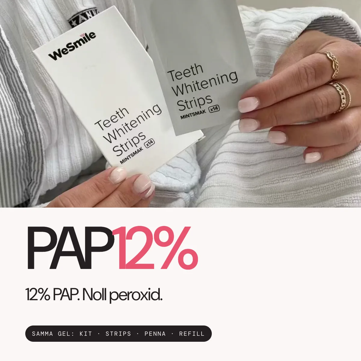 12 % PAP. Noll peroxid. Samma gel i kitet, stripsen, pennan och refillen
