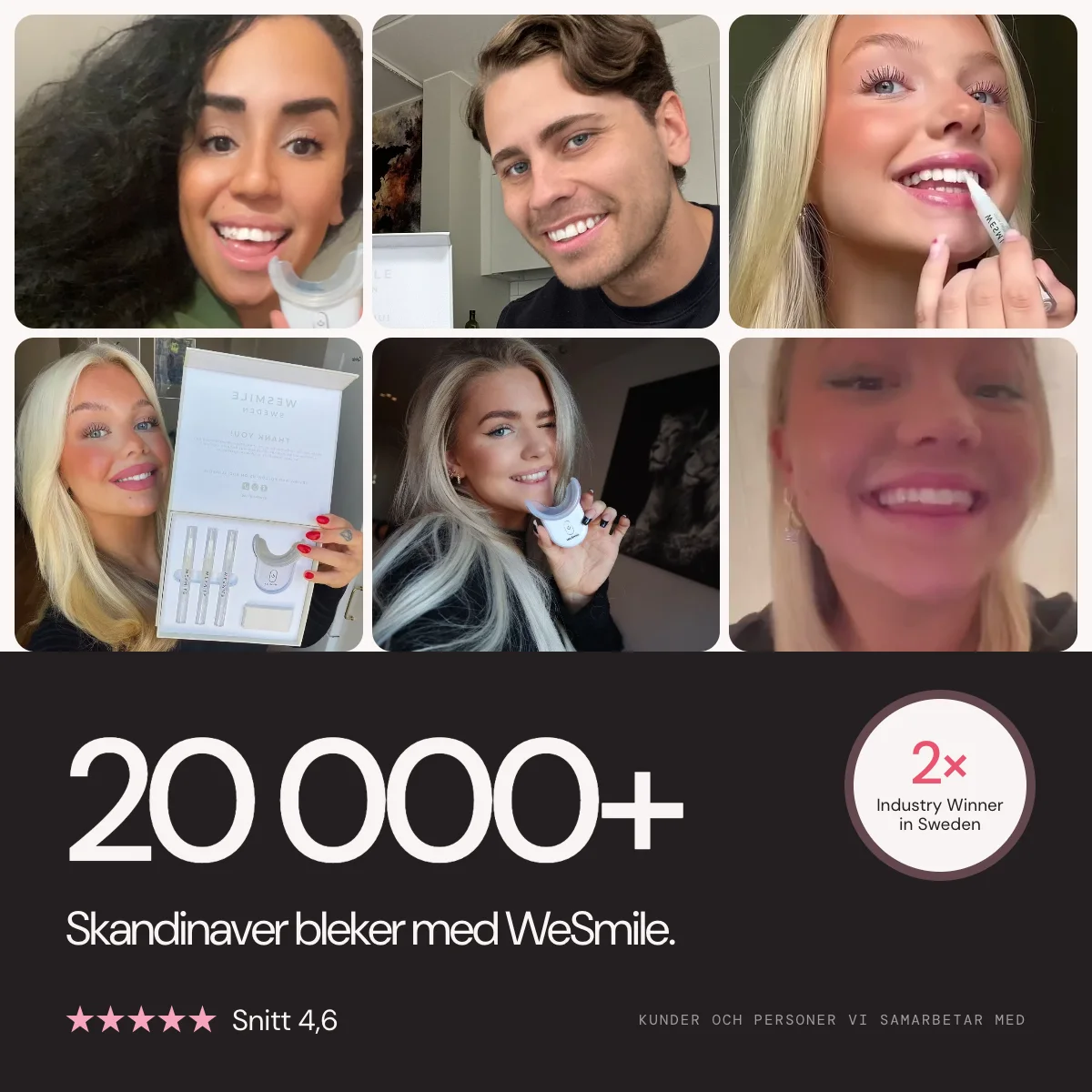 Över 20 000 skandinaver bleker tänderna med WeSmile. 4,6 i snitt av 123 omdömen. 2× Branschvinnare i Sverige